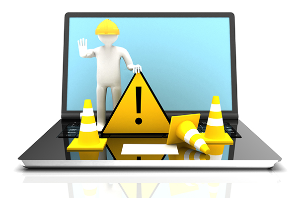 Animated man on laptop with caution signs and cones for cybersecurity