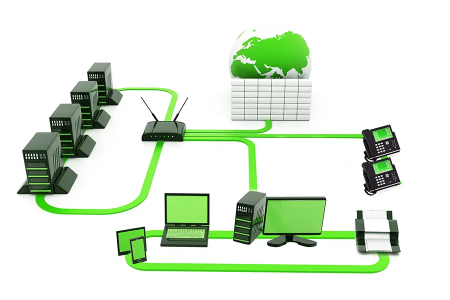 Computer network diagram includes Firewall, Servers, Router, Mobile Devices, Computer, Laptop, Printer, VoIP phones