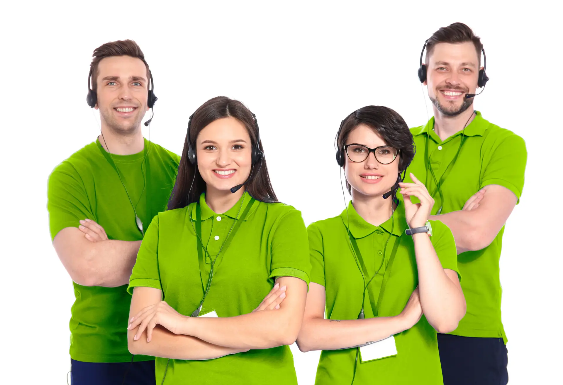 Technical support operators with headsets on white background