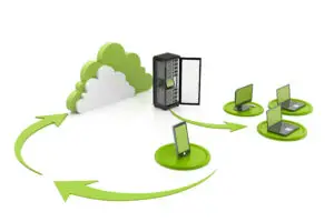 3d rendition of a business network including server, voip phone, computer, laptop and cloud computing