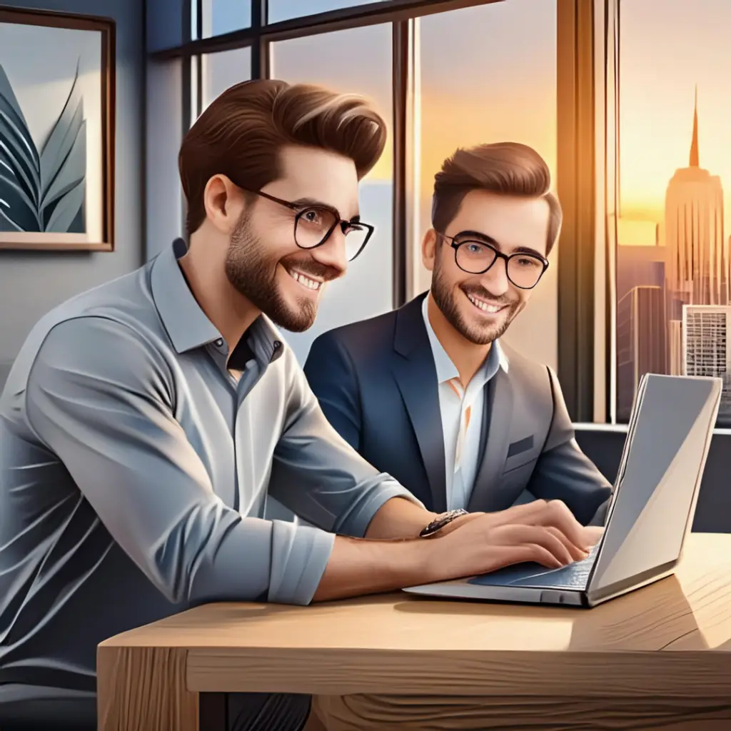 Two white males looking at a computer in an office learning to use MFA.