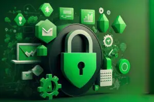 green backdrop with various icons and a padlock for modern online security web browser idea of secure safety in.