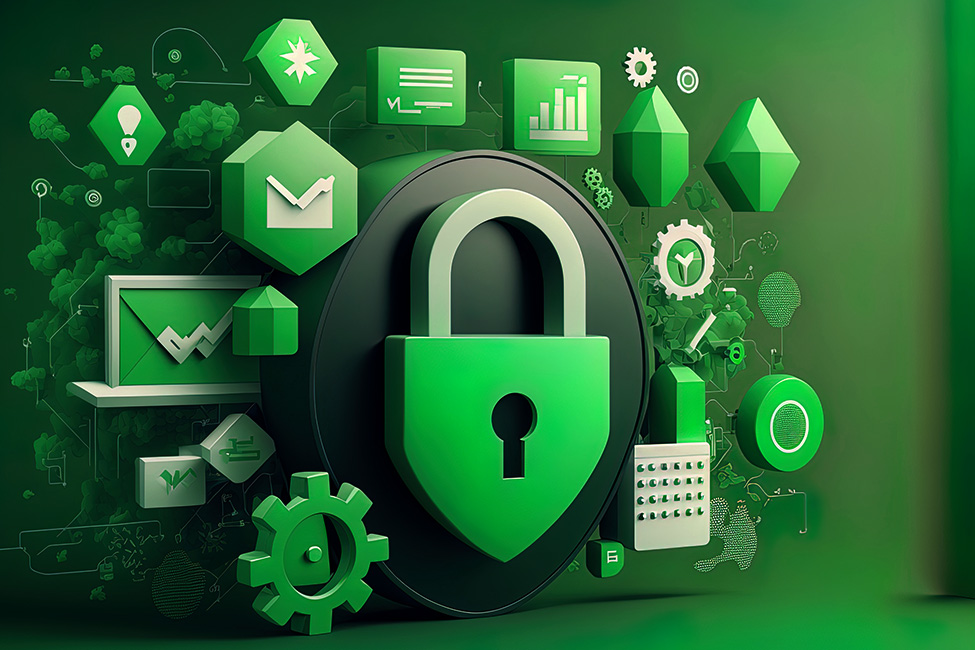 green backdrop with various icons and a padlock for modern online security web browser idea of secure safety in.
