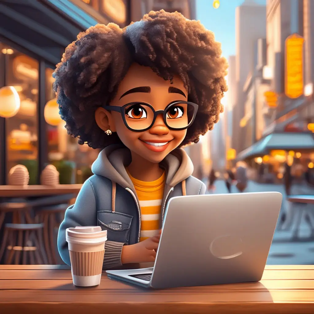 African American female drinking coffee and working on a computer