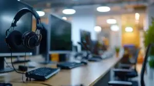 workstations for call center on a desk with headphones over the screen