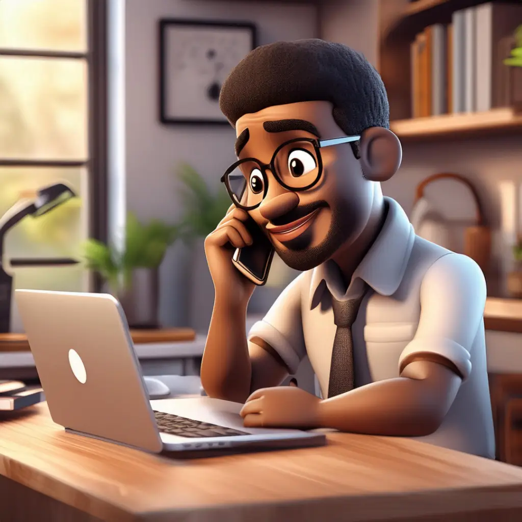 African American man on the phone cleaning while creating a secure password on his computer.