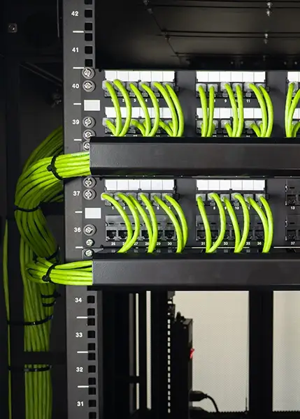 data rack with cable management channels used to organize the data rack