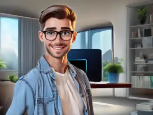 white male in home office with computer in background on a desk