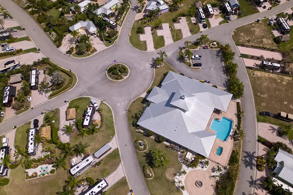 Overhead view of RV park with multiple camp site and RV hookups using a wireless network solution